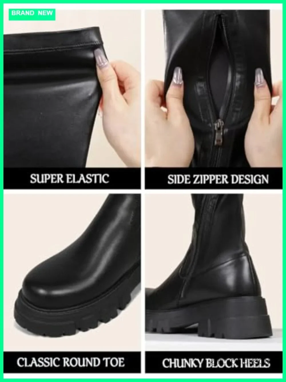 Black Platform Over the Knee Boots Lug Sole Side Zipper Stretch Boots